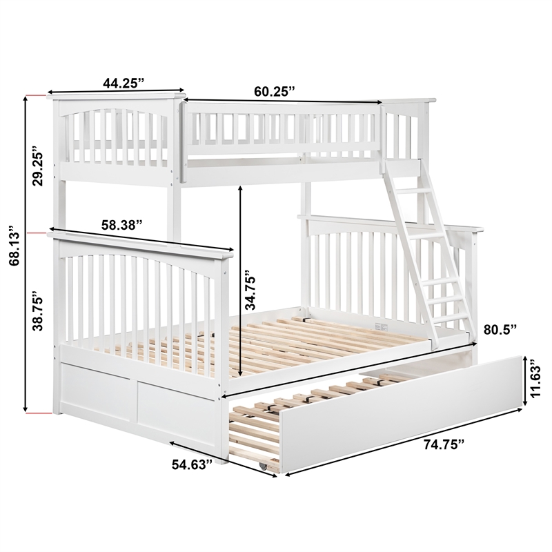 AFI Columbia Twin over Full Solid Wood Bunk Bed with Trundle in White