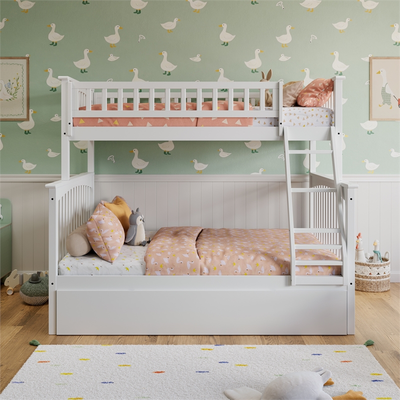 AFI Columbia Twin over Full Solid Wood Bunk Bed with Trundle in White