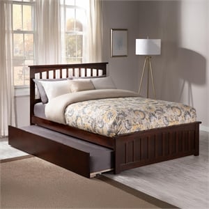 Mission Full Wood Platform Bed with Matching Footboard & Full Trundle in Walnut
