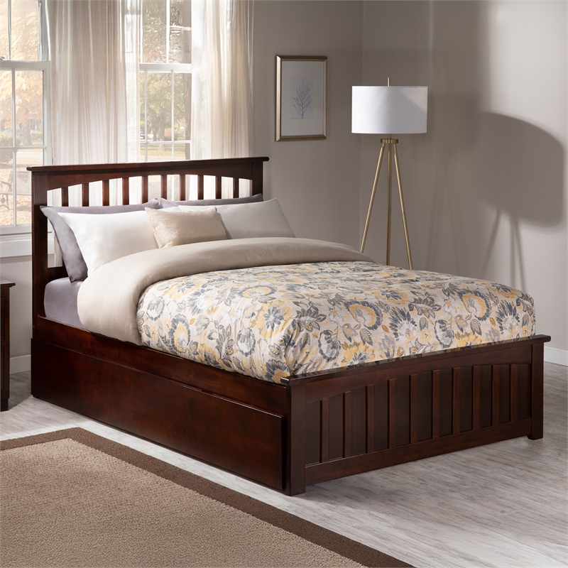 Mission Full Wood Platform Bed with Matching Footboard & Full Trundle in Walnut