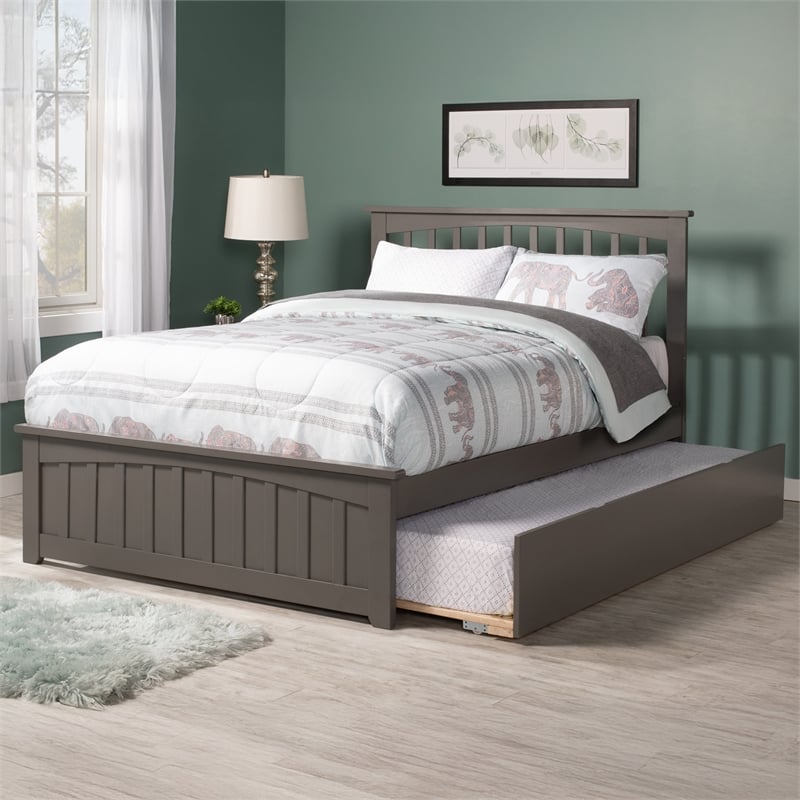 Mission Full Wood Platform Bed with Matching Footboard & Full Trundle in Grey
