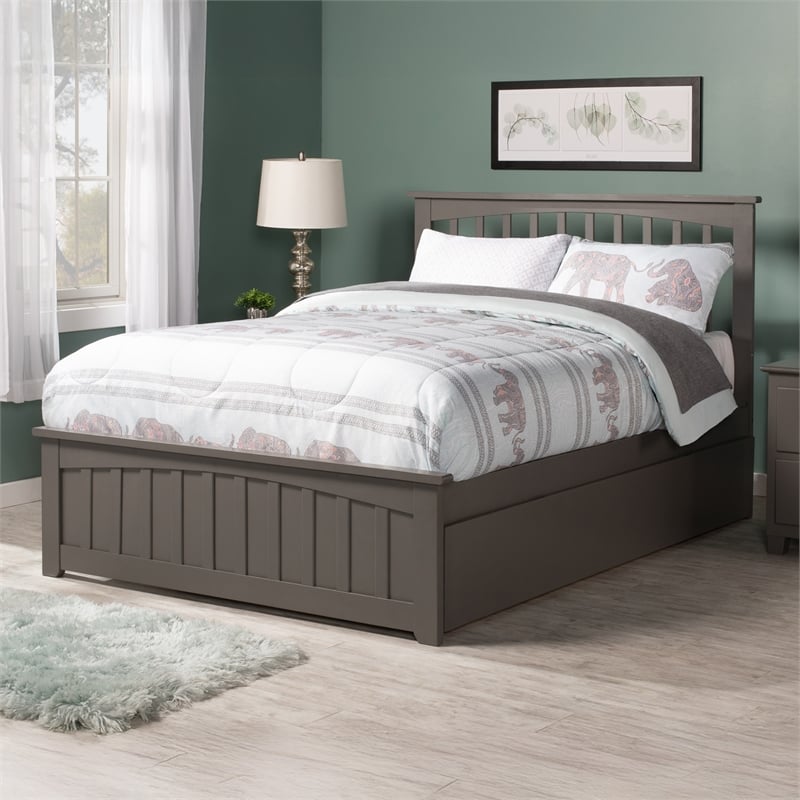 Mission Full Wood Platform Bed with Matching Footboard & Full Trundle in Grey