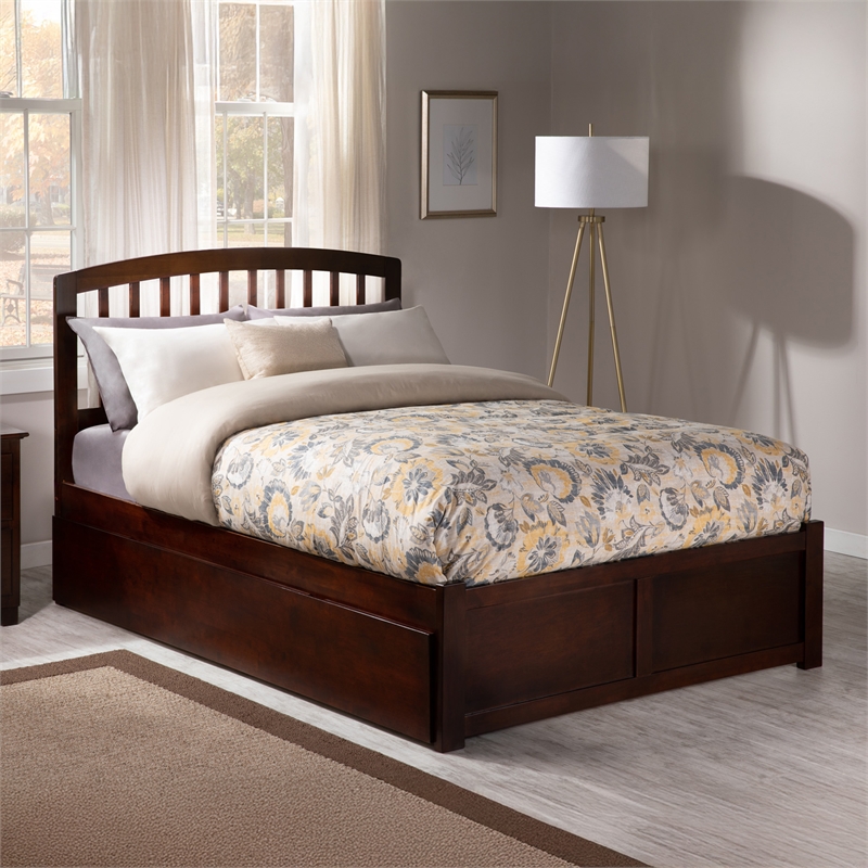 Richmond Full Wood Platform Bed with Footboard and Full Trundle in Walnut