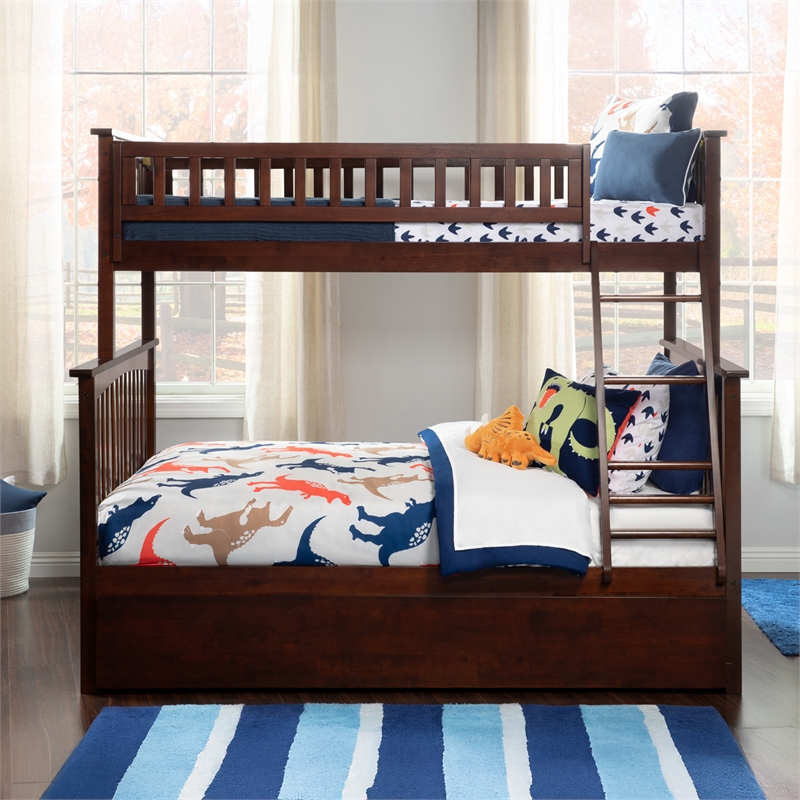 AFI Columbia Twin over Full Solid Wood Bunk Bed with Trundle in Walnut