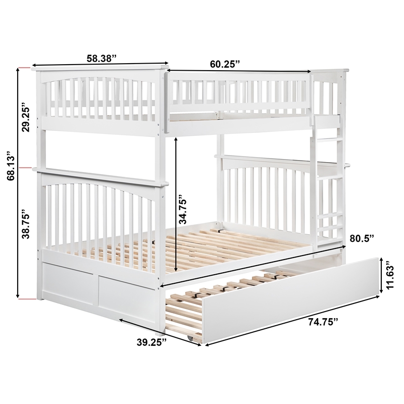 AFI Columbia Full over Full Solid Wood Bunk Bed with Trundle in White
