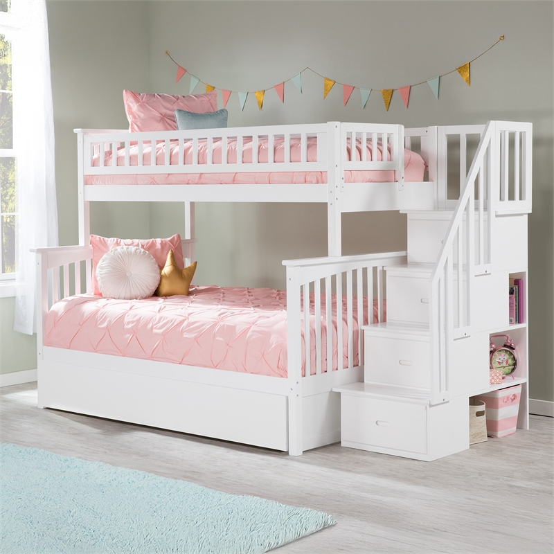 AFI Columbia Twin Over Full Wood Staircase Trundle Bunk Bed in White