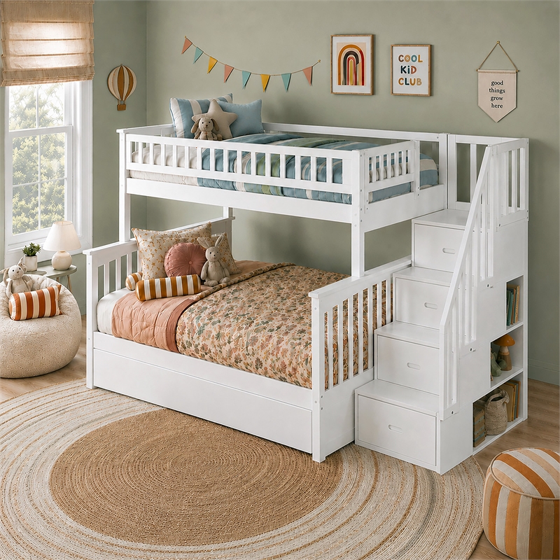 AFI Columbia Twin Over Full Wood Staircase Trundle Bunk Bed in White