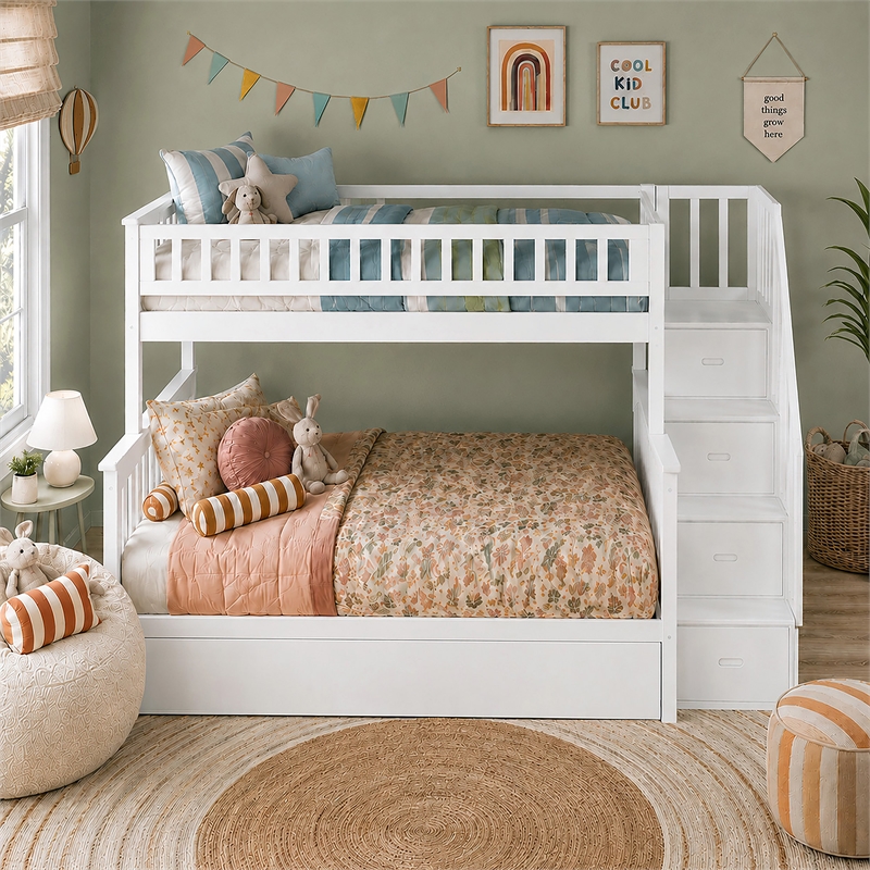 AFI Columbia Twin Over Full Wood Staircase Trundle Bunk Bed in White