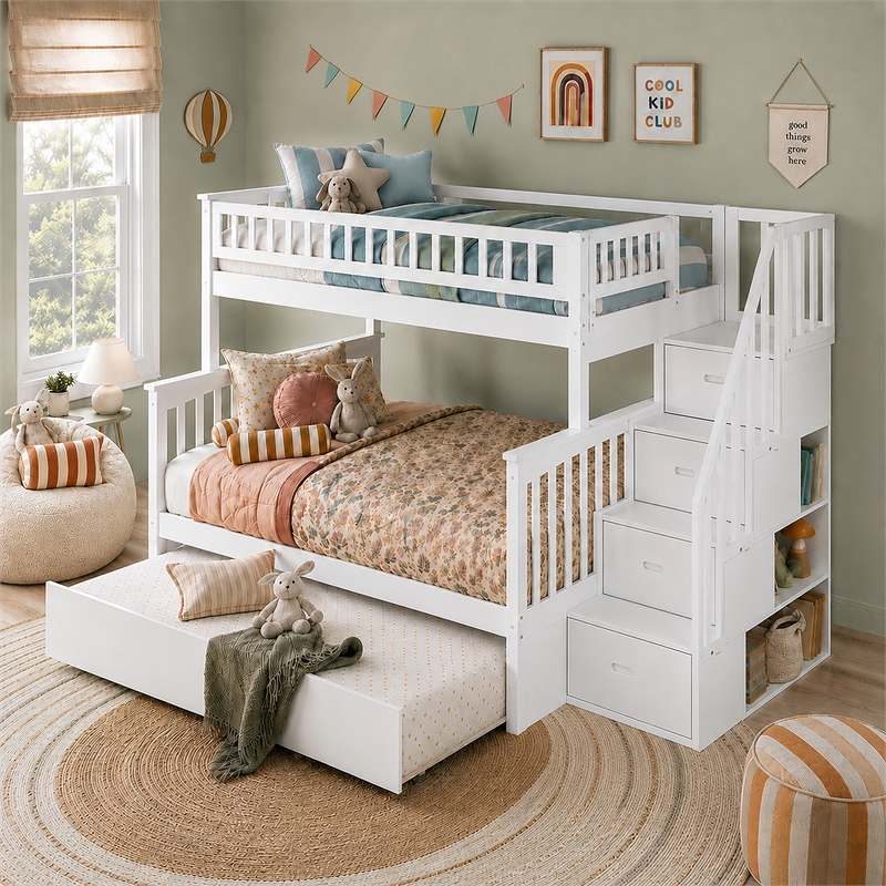 AFI Columbia Twin Over Full Wood Staircase Trundle Bunk Bed in White