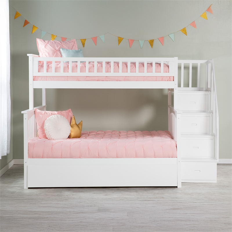 AFI Columbia Twin Over Full Wood Staircase Trundle Bunk Bed in White