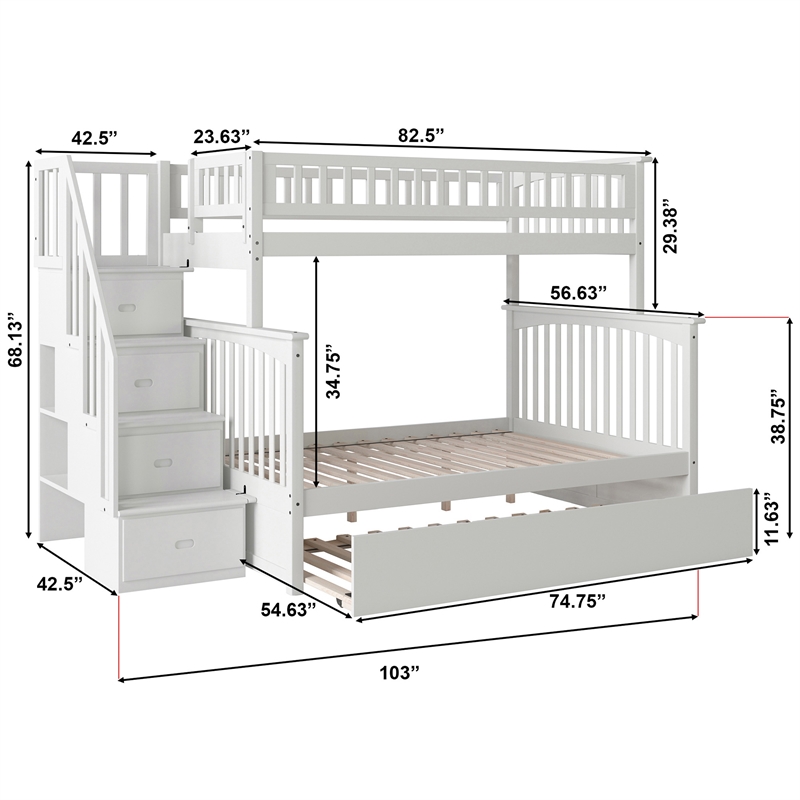 AFI Columbia Twin Over Full Wood Staircase Trundle Bunk Bed in White