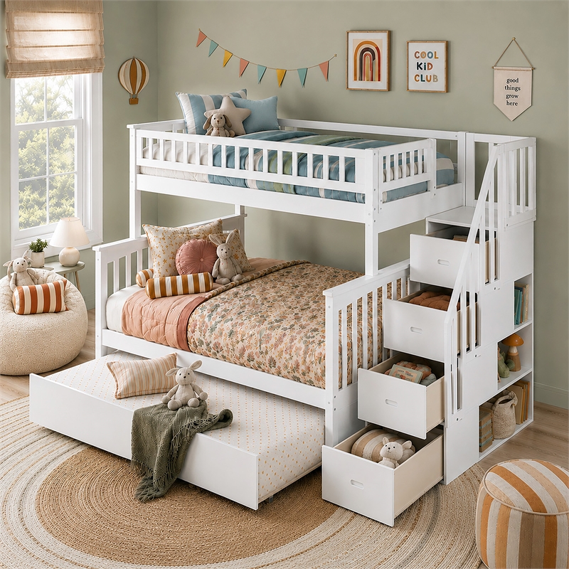 AFI Columbia Twin Over Full Wood Staircase Trundle Bunk Bed in White