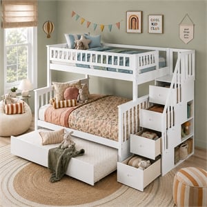 AFI Columbia Twin Over Full Wood Staircase Trundle Bunk Bed in White