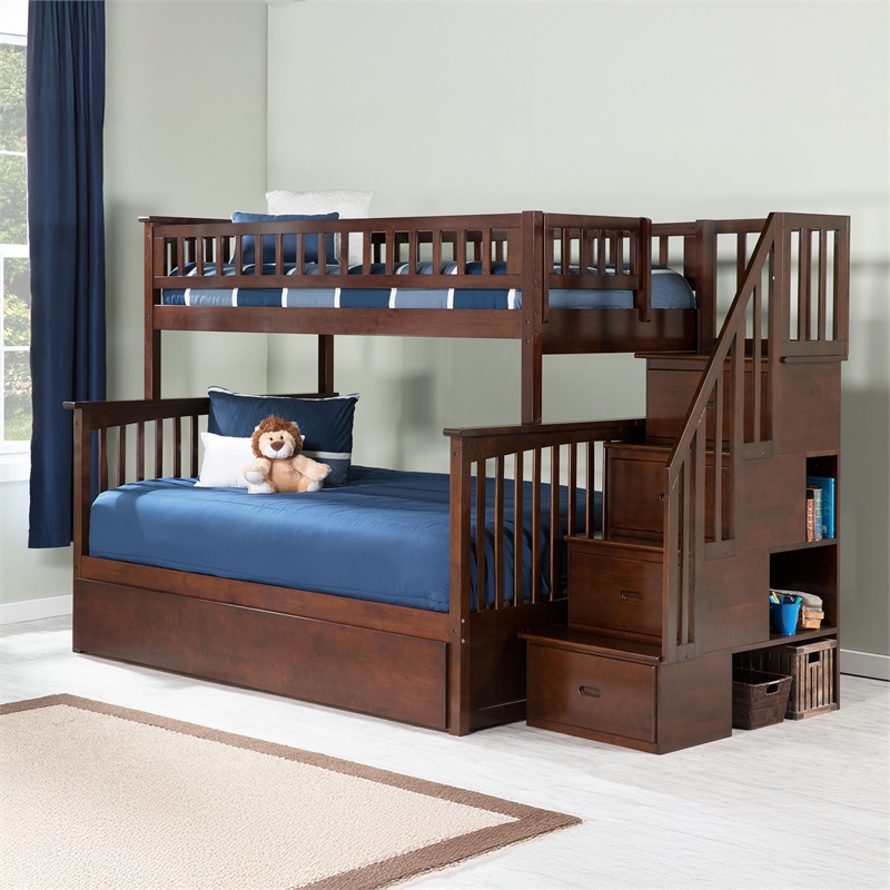 AFI Columbia Twin Over Full Wood Staircase Trundle Bunk Bed in Walnut