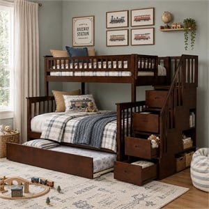 AFI Columbia Twin Over Full Wood Staircase Trundle Bunk Bed in Walnut