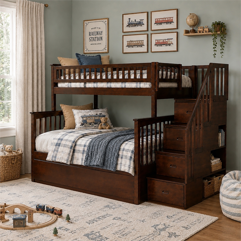 AFI Columbia Twin Over Full Wood Staircase Trundle Bunk Bed in Walnut