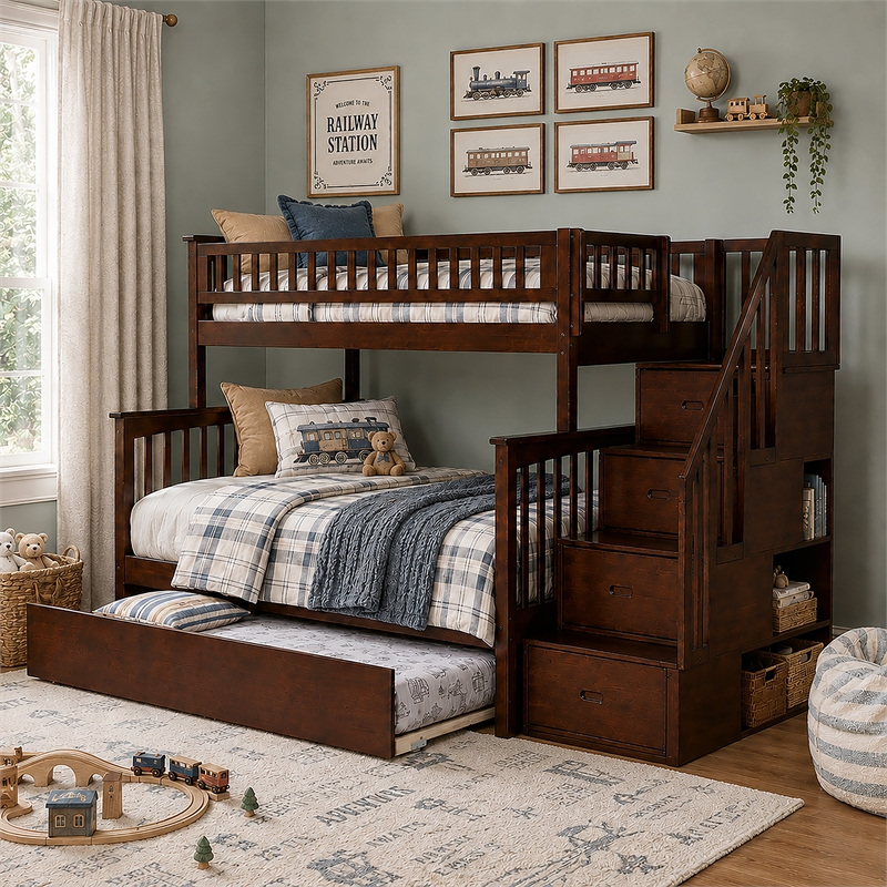 AFI Columbia Twin Over Full Wood Staircase Trundle Bunk Bed in Walnut