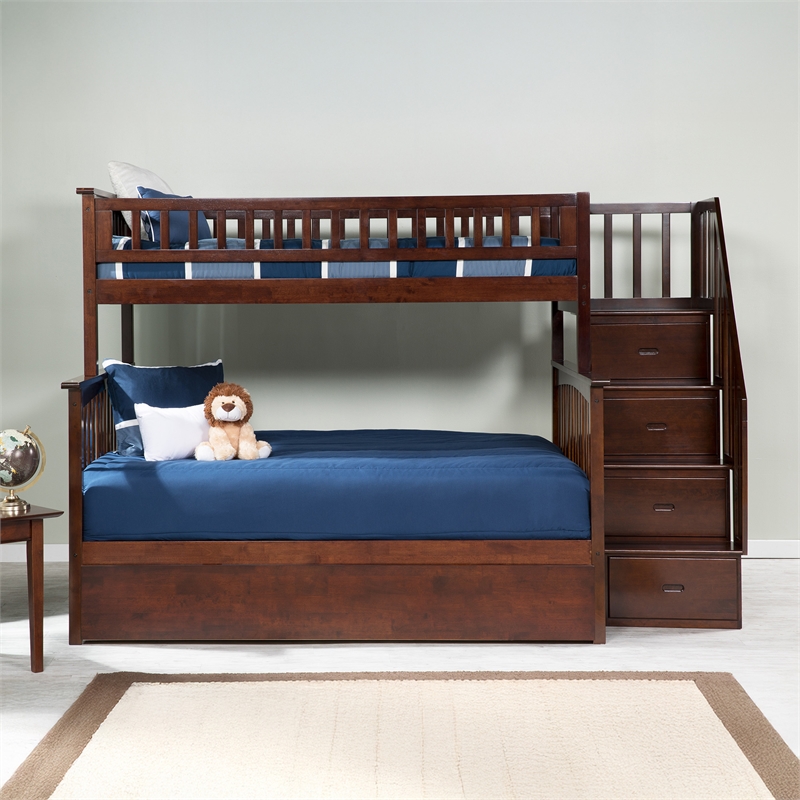 AFI Columbia Twin Over Full Wood Staircase Trundle Bunk Bed in Walnut