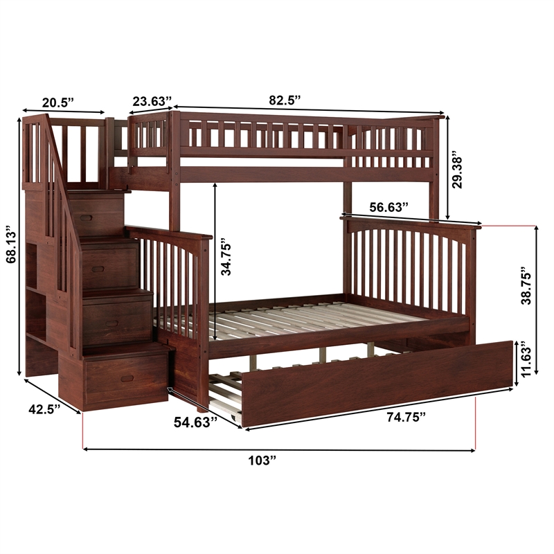 AFI Columbia Twin Over Full Wood Staircase Trundle Bunk Bed in Walnut