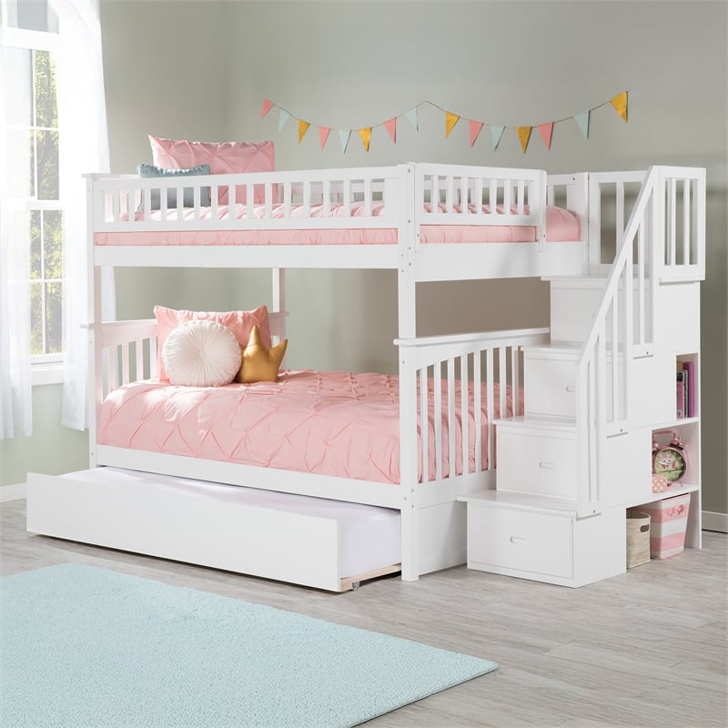 AFI Columbia Full Over Full Wood Staircase Trundle Bunk Bed in White