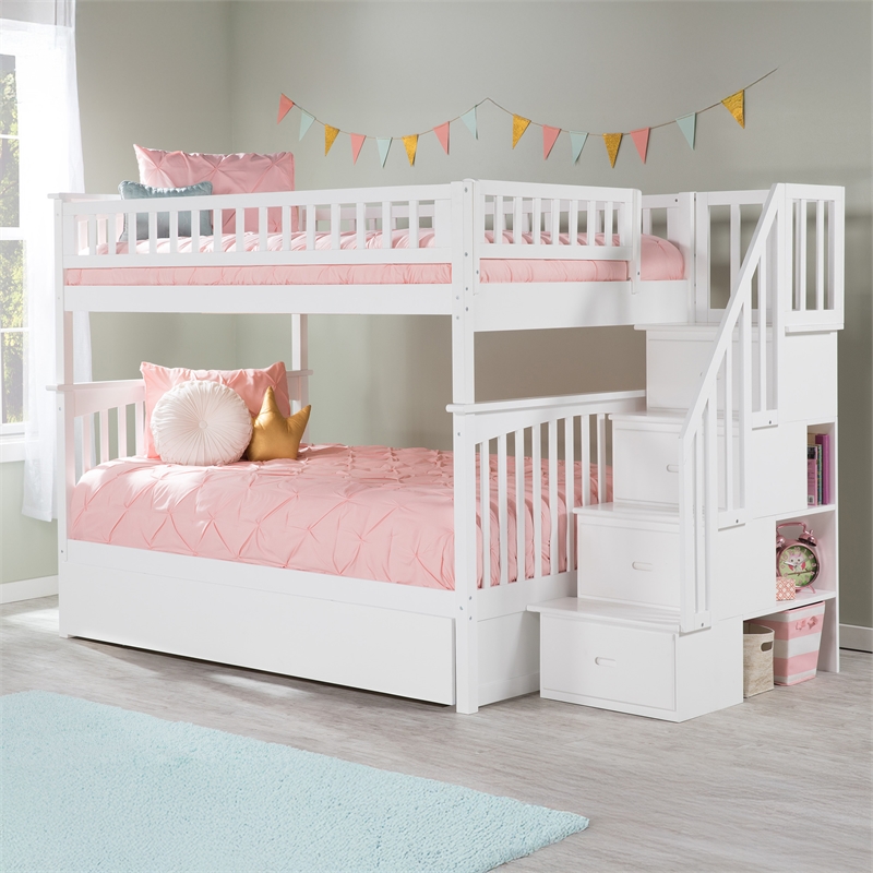 AFI Columbia Full Over Full Wood Staircase Trundle Bunk Bed in White