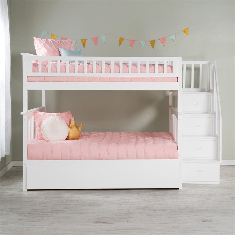 AFI Columbia Full Over Full Wood Staircase Trundle Bunk Bed in White