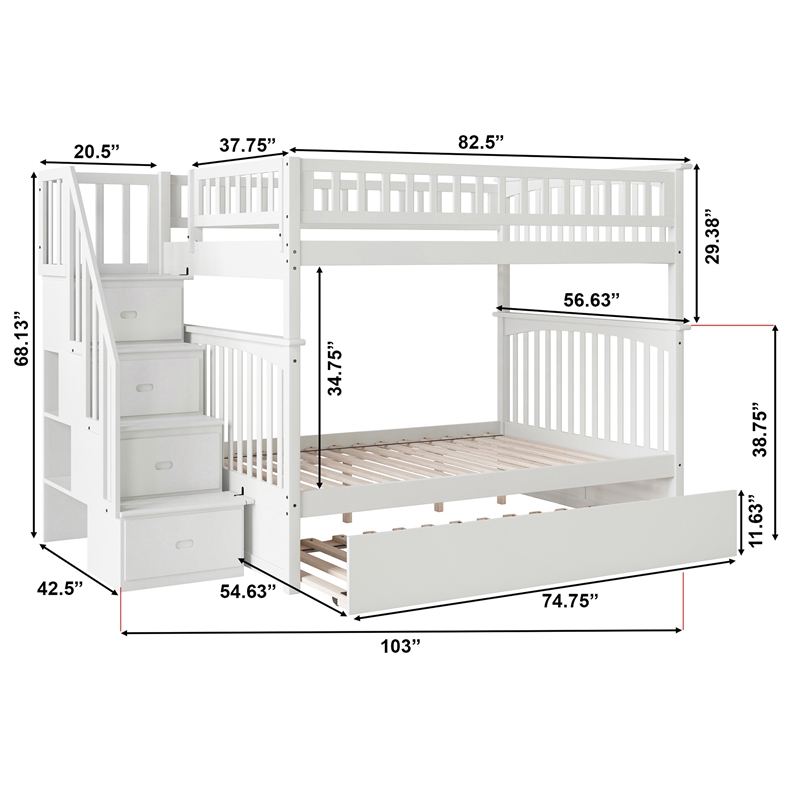 AFI Columbia Full Over Full Wood Staircase Trundle Bunk Bed in White