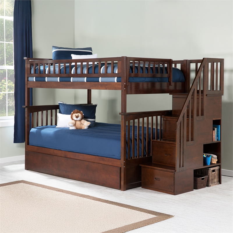 AFI Columbia Full Over Full Wood Staircase Trundle Bunk Bed in Walnut