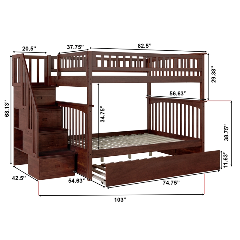 AFI Columbia Full Over Full Wood Staircase Trundle Bunk Bed in Walnut