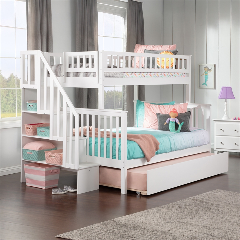 AFI Woodland Twin Over Full Staircase Trundle Wood Bunk Bed in White