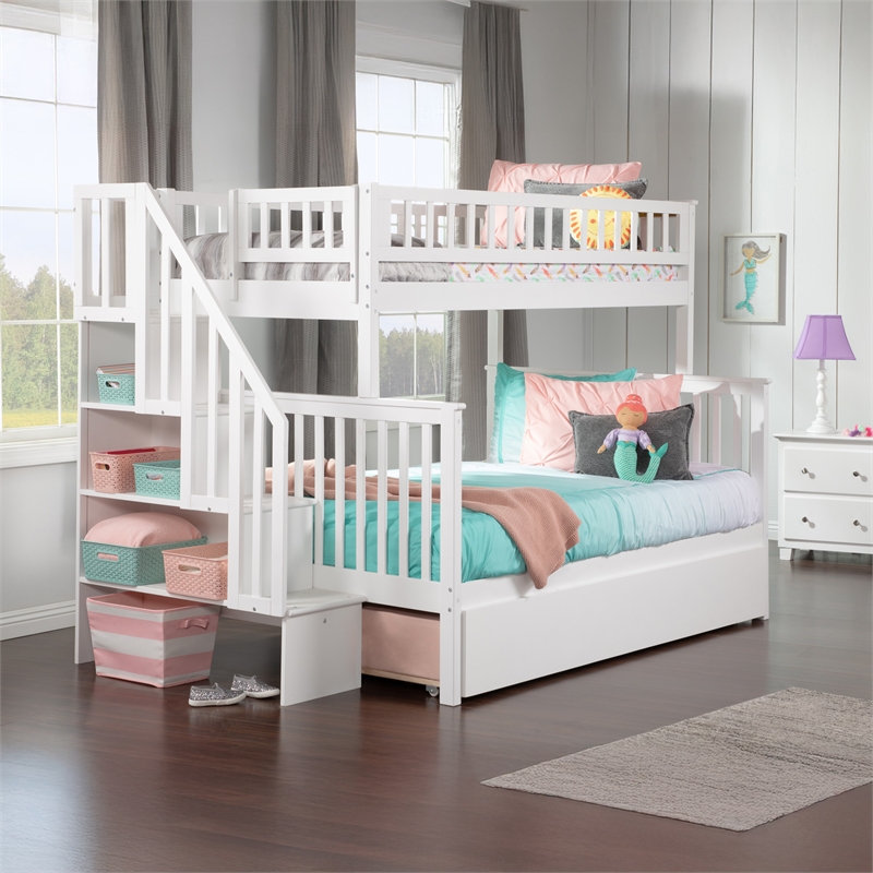 AFI Woodland Twin Over Full Staircase Trundle Wood Bunk Bed in White