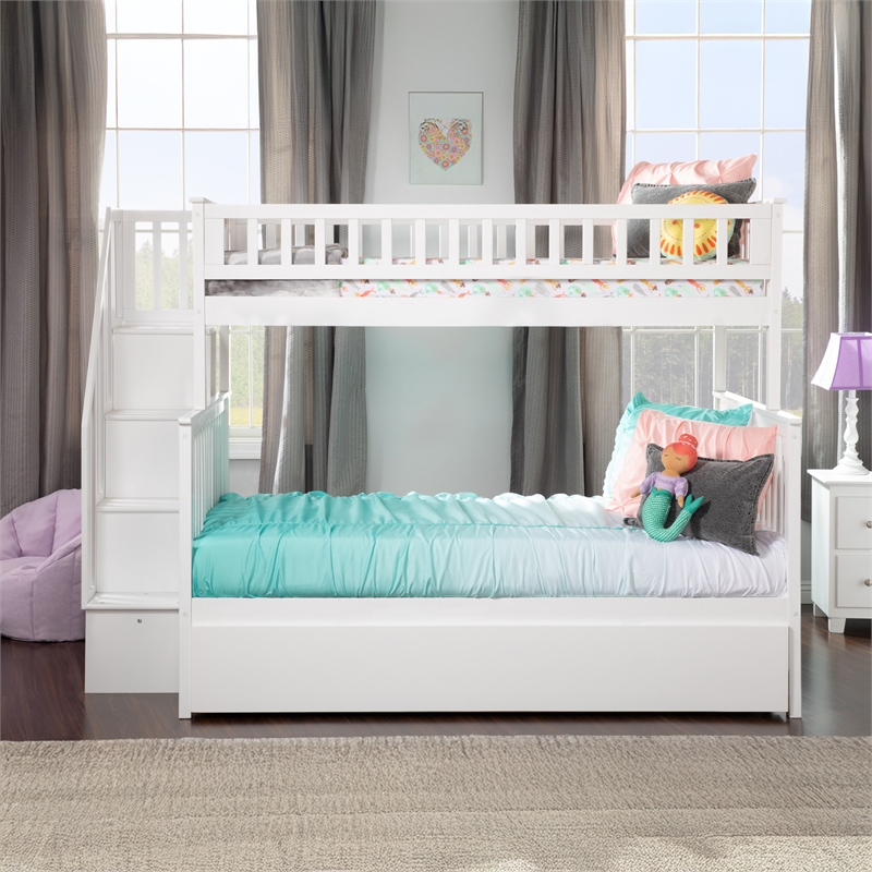 AFI Woodland Twin Over Full Staircase Trundle Wood Bunk Bed in White