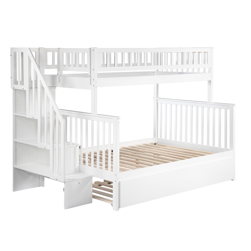 AFI Woodland Twin Over Full Staircase Trundle Wood Bunk Bed in White