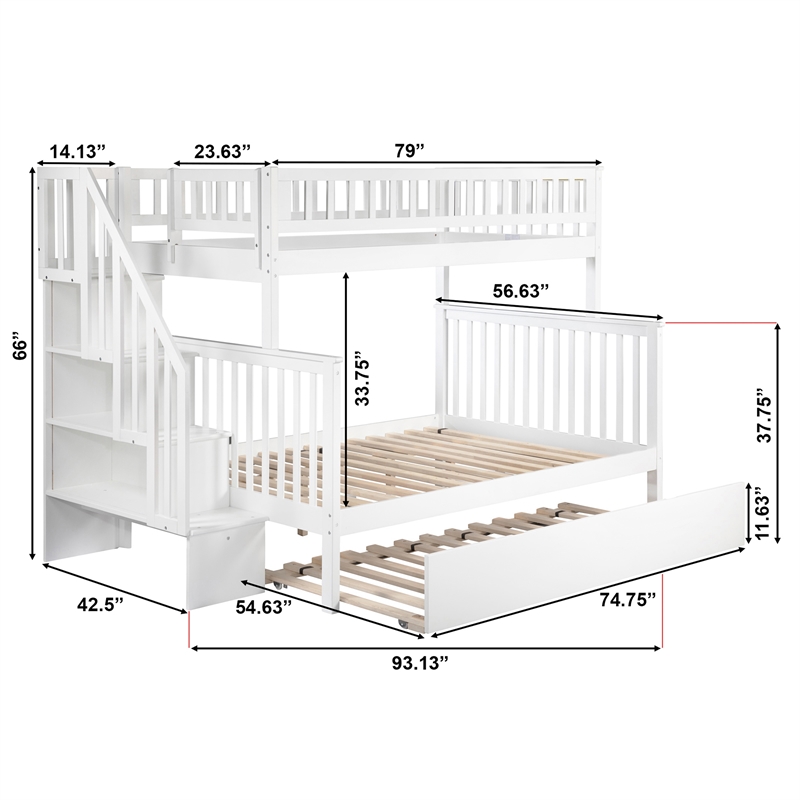 AFI Woodland Twin Over Full Staircase Trundle Wood Bunk Bed in White