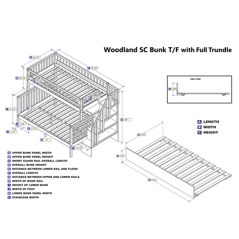 AFI Woodland Twin Over Full Staircase Trundle Wood Bunk Bed in White