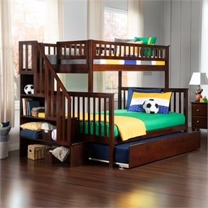 AFI Woodland Twin Over Full Staircase Trundle Wood Bunk Bed in Walnut