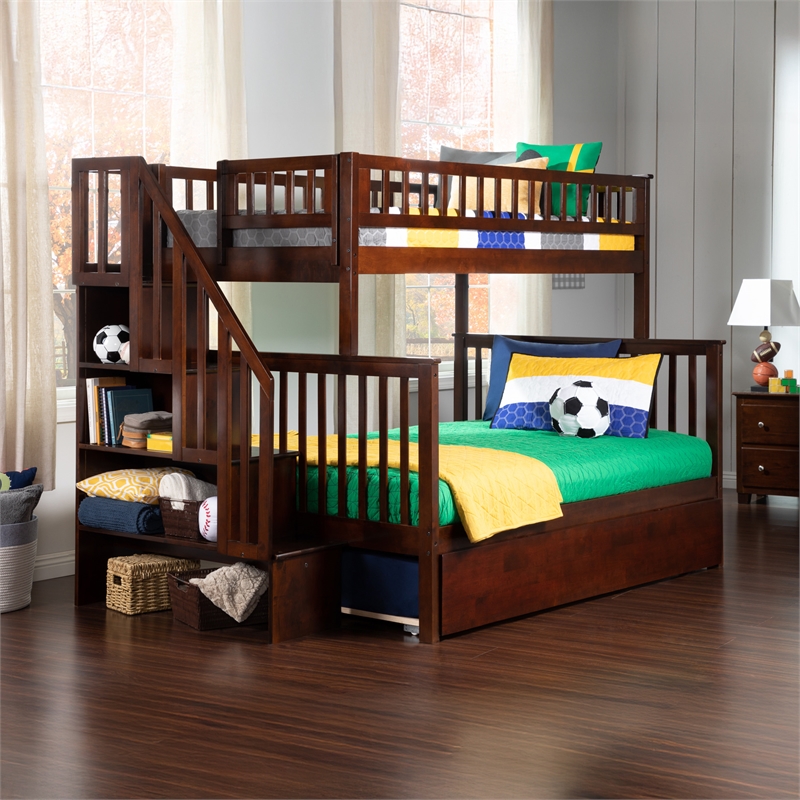 AFI Woodland Twin Over Full Staircase Trundle Wood Bunk Bed in Walnut