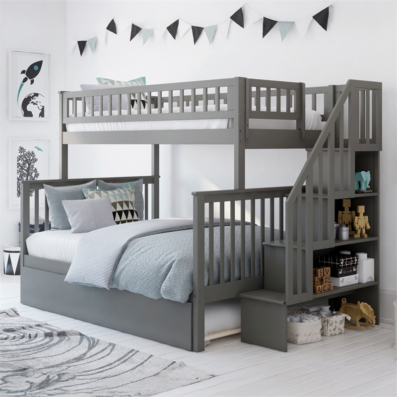AFI Woodland Twin Over Full Staircase Trundle Wood Bunk Bed in Grey