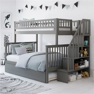 AFI Woodland Twin Over Full Staircase Trundle Wood Bunk Bed in Grey