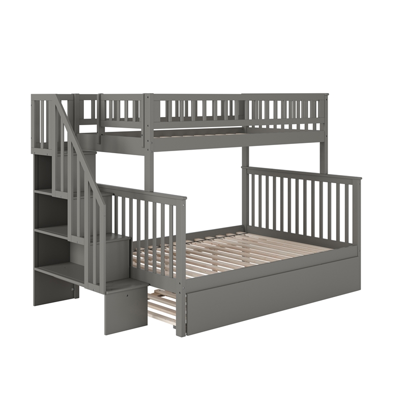 AFI Woodland Twin Over Full Staircase Trundle Wood Bunk Bed in Grey