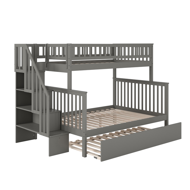 AFI Woodland Twin Over Full Staircase Trundle Wood Bunk Bed in Grey