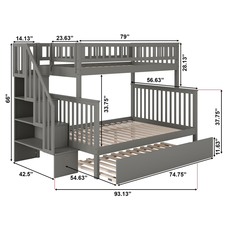 AFI Woodland Twin Over Full Staircase Trundle Wood Bunk Bed in Grey