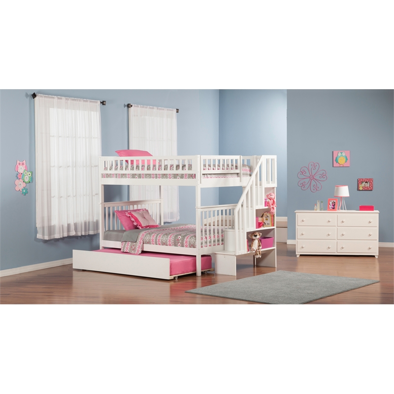 AFI Woodland Solid Wood Full over Full Bunk Bed with Full Trundle in White
