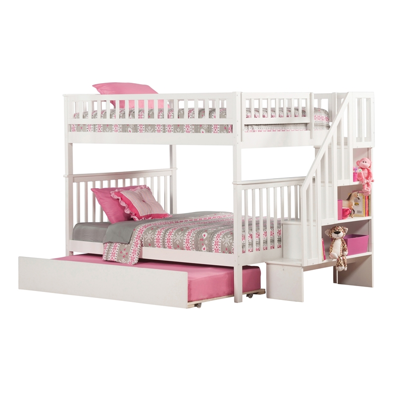 AFI Woodland Full Over Full Staircase Trundle Wood Bunk Bed in White