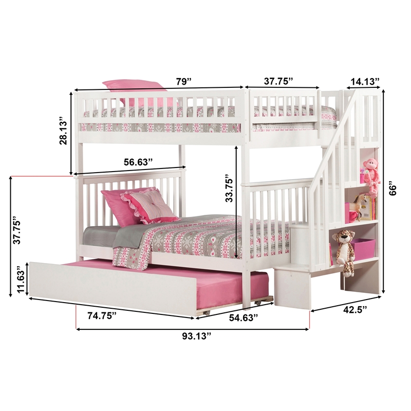 AFI Woodland Full Over Full Staircase Trundle Wood Bunk Bed in White