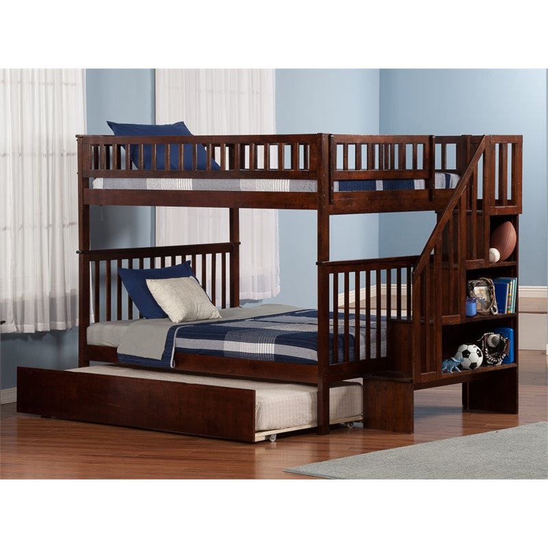 AFI Woodland Full over Full Solid Wood Modern Bunk Bed with Trundle in Walnut