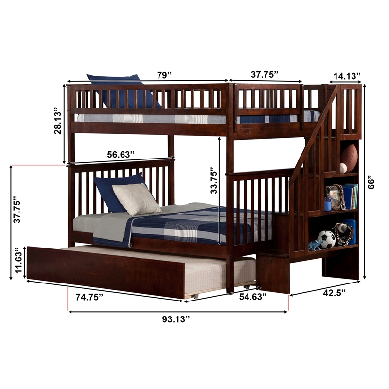 AFI Woodland Full over Full Solid Wood Modern Bunk Bed with Trundle in Walnut