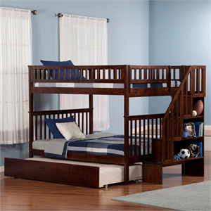 AFI Woodland Full Over Full Staircase Trundle Wood Bunk Bed in Walnut