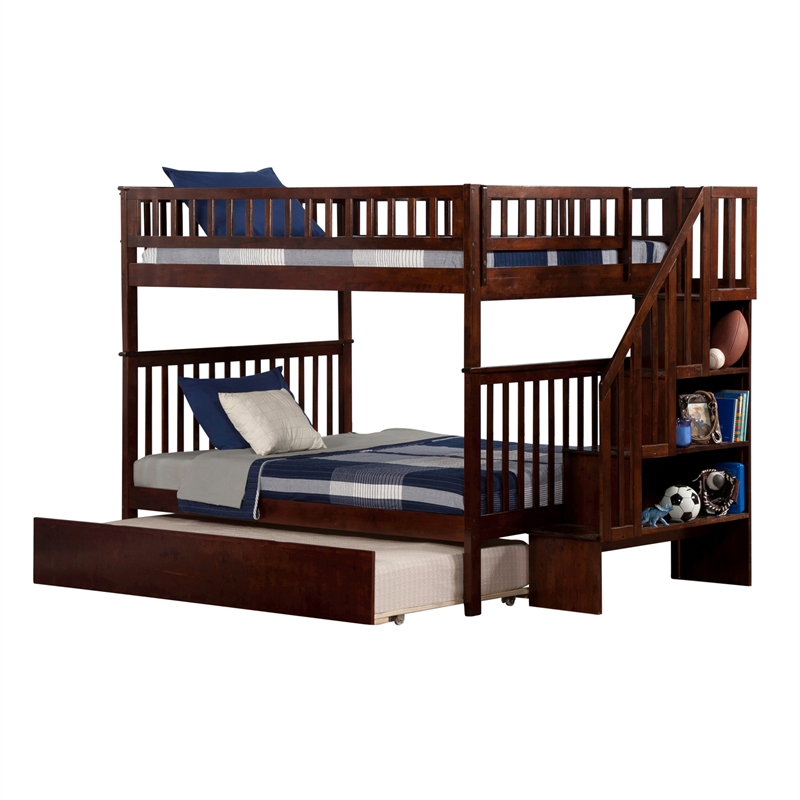AFI Woodland Full Over Full Staircase Trundle Wood Bunk Bed in Walnut