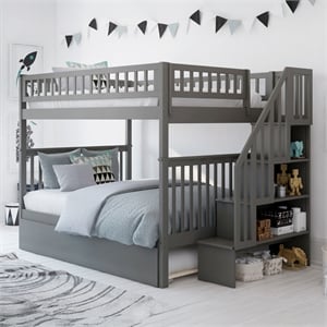 AFI Woodland Full Over Full Staircase Trundle Wood Bunk Bed in Grey